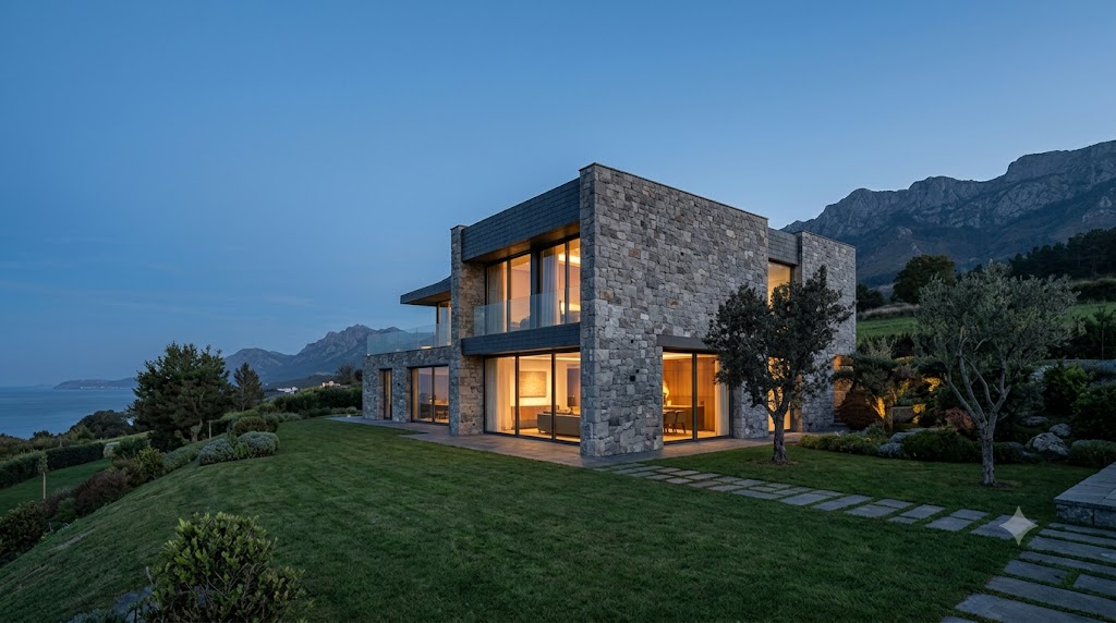 Villa de piedra al atardecer